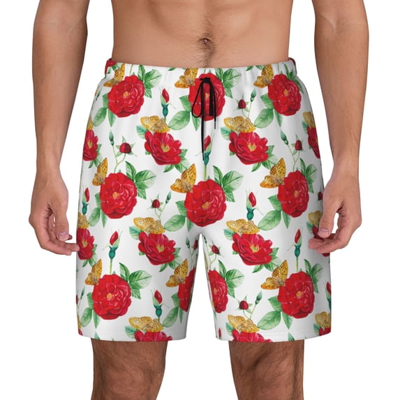 Lsque Mens Swim Trunks Rose Flowers Pattern - Bathing Suit Compression Liner - Beach Swim Shorts Swimwear - (S-3XL) - Stretch Quick Dry -XX-Large