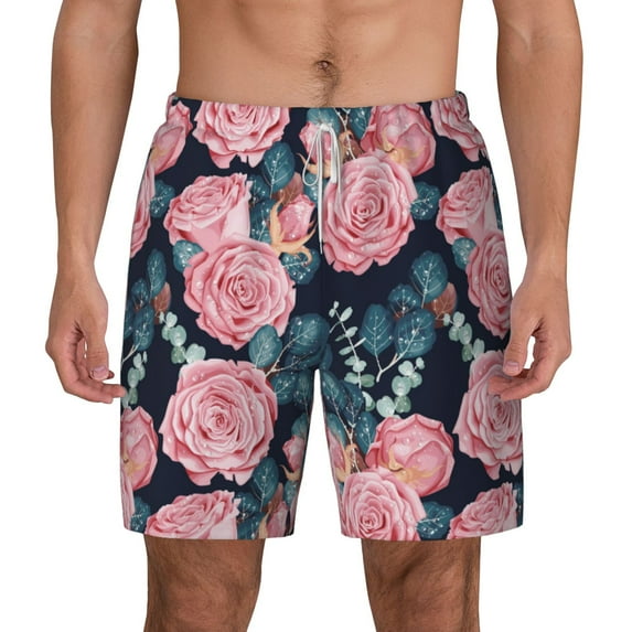 Lsque Mens Swim Trunks Rose Flowers Pattern - Bathing Suit Compression Liner - Beach Swim Shorts Swimwear - (S-3XL) - Stretch Quick Dry -XX-Large