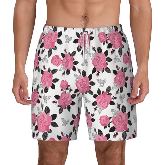 Lsque Mens Swim Trunks Rose Flowers Pattern - Bathing Suit Compression Liner - Beach Swim Shorts Swimwear - (S-3XL) - Stretch Quick Dry -XX-Large
