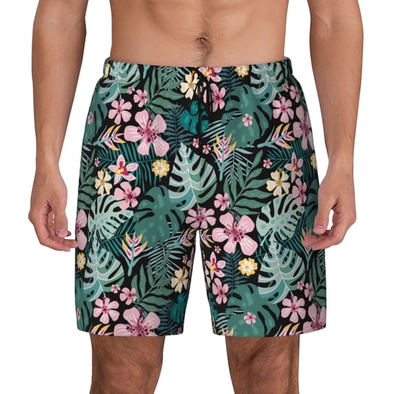 Lsque Mens Swim Trunks Rose Flowers Pattern - Bathing Suit Compression Liner - Beach Swim Shorts Swimwear - (S-3XL) - Stretch Quick Dry -Small