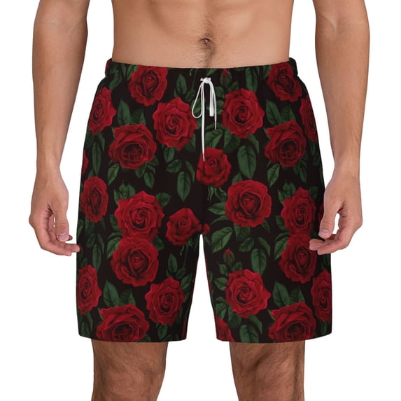 Lsque Mens Swim Trunks Rose Pattern - Bathing Suit Compression Liner - Beach Swim Shorts Swimwear - (S-3XL) - Stretch Quick Dry -3X-Large