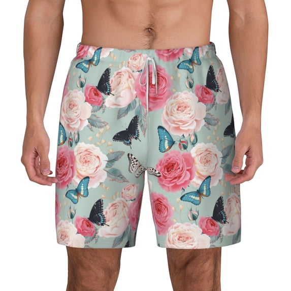 Lsque Mens Swim Trunks Roses and Butterflies Pattern - Bathing Suit Compression Liner - Beach Swim Shorts Swimwear - (S-3XL) - Stretch Quick Dry -X-Large