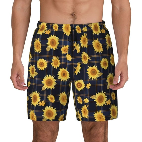Lsque Mens Swim Trunks Royal Blue Plaid Sunflower Pattern - Bathing Suit Compression Liner - Beach Swim Shorts Swimwear - (S-3XL) - Stretch Quick Dry -3X-Large