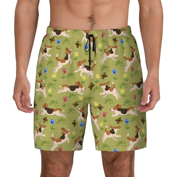 Lsque Mens Swim Trunks Running Beagle Pattern - Bathing Suit Compression Liner - Beach Swim Shorts Swimwear - (S-3XL) - Stretch Quick Dry -Medium