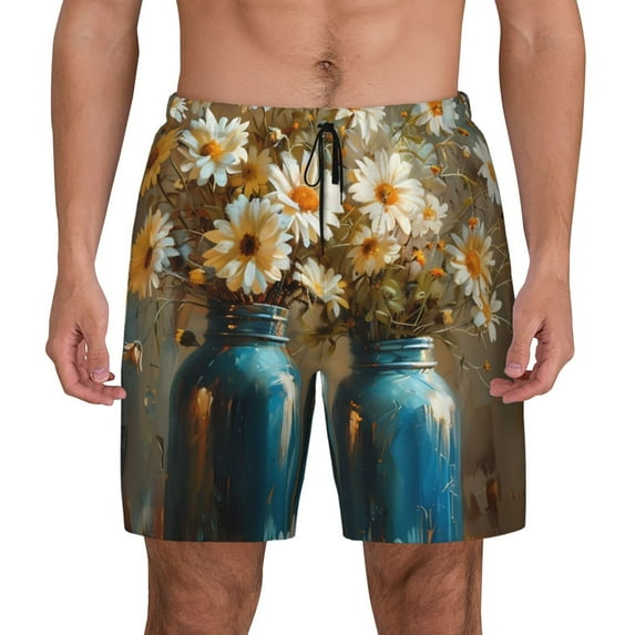 Lsque Mens Swim Trunks Rustic Daisy Mason Jars Pattern - Bathing Suit Compression Liner - Beach Swim Shorts Swimwear - (S-3XL) - Stretch Quick Dry -X-Large