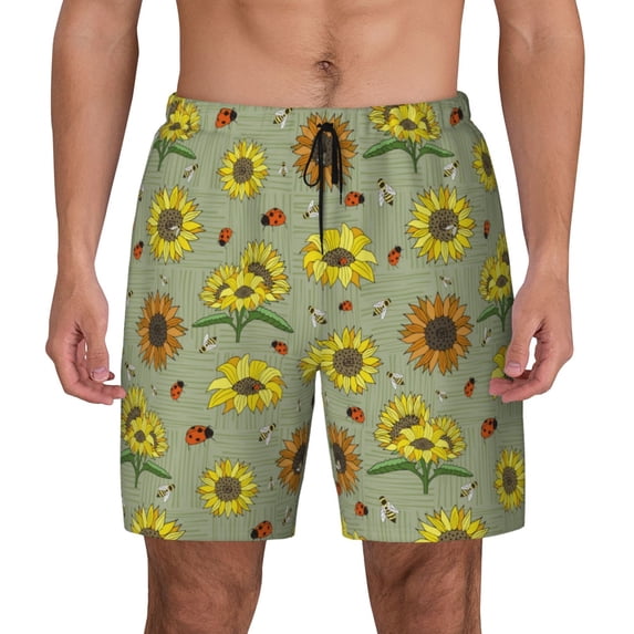 Lsque Mens Swim Trunks Sage Green With Sunflowers Pattern - Bathing Suit Compression Liner - Beach Swim Shorts Swimwear - (S-3XL) - Stretch Quick Dry -3X-Large