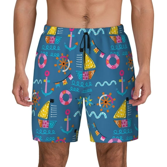 Lsque Mens Swim Trunks Sailboat With Sailing Pattern - Bathing Suit Compression Liner - Beach Swim Shorts Swimwear - (S-3XL) - Stretch Quick Dry -3X-Large