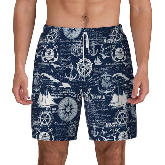 Lsque Mens Swim Trunks Sailing Cruises Nautical Pattern - Bathing Suit Compression Liner - Beach Swim Shorts Swimwear - (S-3XL) - Stretch Quick Dry -Medium