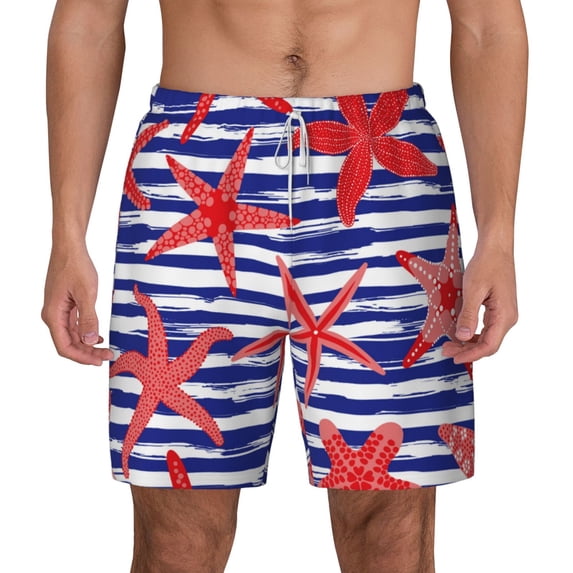 Lsque Mens Swim Trunks Sea Stars Pattern - Bathing Suit Compression Liner - Beach Swim Shorts Swimwear - (S-3XL) - Stretch Quick Dry -3X-Large