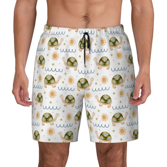 Lsque Mens Swim Trunks Sea Turtle Basking in the Sun Pattern - Bathing Suit Compression Liner - Beach Swim Shorts Swimwear - (S-3XL) - Stretch Quick Dry -Large