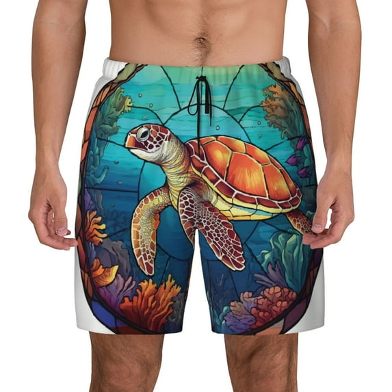 Lsque Mens Swim Trunks Sea Turtle in Coral Pattern - Bathing Suit Compression Liner - Beach Swim Shorts Swimwear - (S-3XL) - Stretch Quick Dry -3X-Large