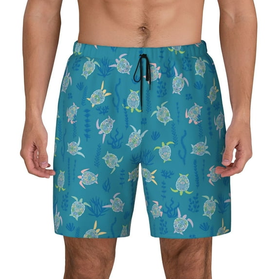 Lsque Mens Swim Trunks Sea Turtle Pattern - Bathing Suit Compression Liner - Beach Swim Shorts Swimwear - (S-3XL) - Stretch Quick Dry -Small