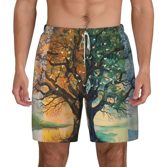 Lsque Mens Swim Trunks Seasonal Tree Reflection Pattern - Bathing Suit Compression Liner - Beach Swim Shorts Swimwear - (S-3XL) - Stretch Quick Dry -3X-Large
