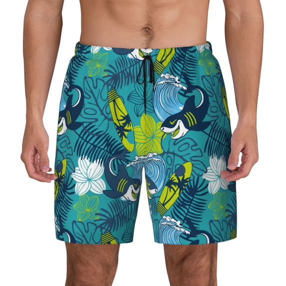 Lsque Mens Swim Trunks Shark And Leaves Pattern - Bathing Suit Compression Liner - Beach Swim Shorts Swimwear - (S-3XL) - Stretch Quick Dry -3X-Large