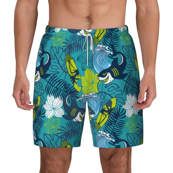 Lsque Mens Swim Trunks Shark And Leaves Pattern - Bathing Suit Compression Liner - Beach Swim Shorts Swimwear - (S-3XL) - Stretch Quick Dry -Medium