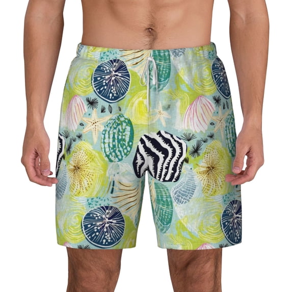 Lsque Mens Swim Trunks Shell Clam Pattern - Bathing Suit Compression Liner - Beach Swim Shorts Swimwear - (S-3XL) - Stretch Quick Dry -Medium
