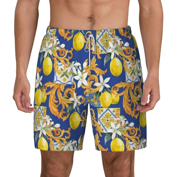 Lsque Mens Swim Trunks Sicilian Style Pattern - Bathing Suit Compression Liner - Beach Swim Shorts Swimwear - (S-3XL) - Stretch Quick Dry -X-Large