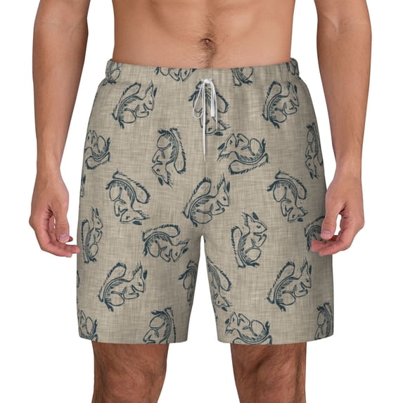 Lsque Mens Swim Trunks Sketch Squirrels Linen Pattern - Bathing Suit Compression Liner - Beach Swim Shorts Swimwear - (S-3XL) - Stretch Quick Dry -Medium