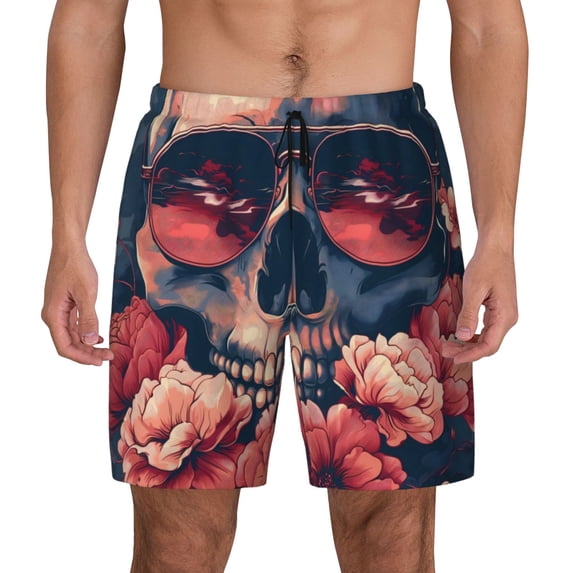 Lsque Mens Swim Trunks Skull With Roses And Sunglasses Pattern - Bathing Suit Compression Liner - Beach Swim Shorts Swimwear - (S-3XL) - Stretch Quick Dry -XX-Large