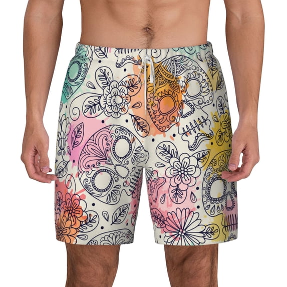 Lsque Mens Swim Trunks Skull and Flowers Pattern - Bathing Suit Compression Liner - Beach Swim Shorts Swimwear - (S-3XL) - Stretch Quick Dry -X-Large