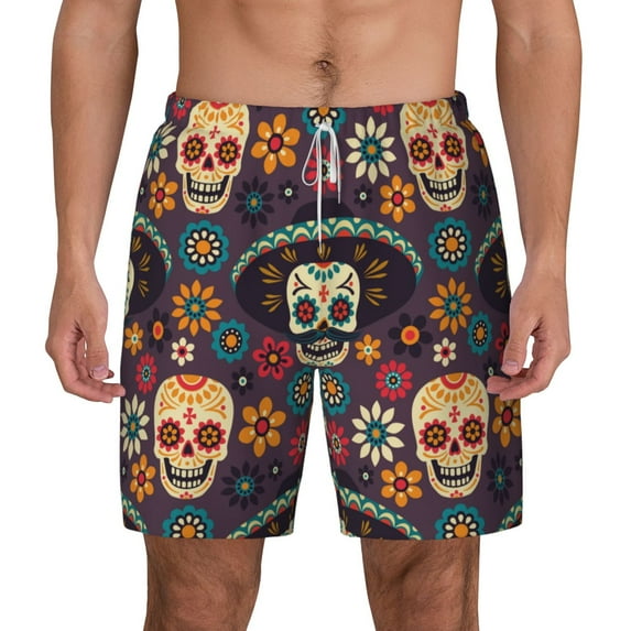 Lsque Mens Swim Trunks Skulls and Flowers Pattern - Bathing Suit Compression Liner - Beach Swim Shorts Swimwear - (S-3XL) - Stretch Quick Dry -Large