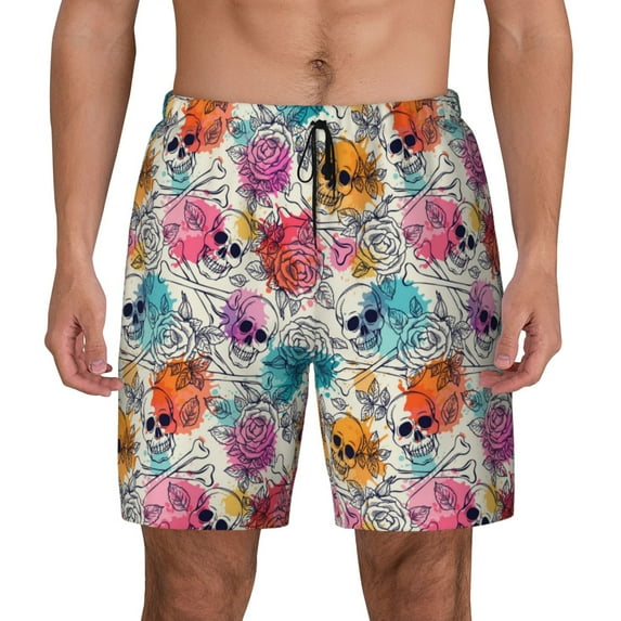 Lsque Mens Swim Trunks Skulls and Roses Pattern - Bathing Suit Compression Liner - Beach Swim Shorts Swimwear - (S-3XL) - Stretch Quick Dry -Large
