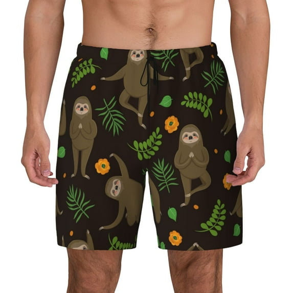 Lsque Mens Swim Trunks Sloth Doing Yoga Pattern - Bathing Suit Compression Liner - Beach Swim Shorts Swimwear - (S-3XL) - Stretch Quick Dry -Large
