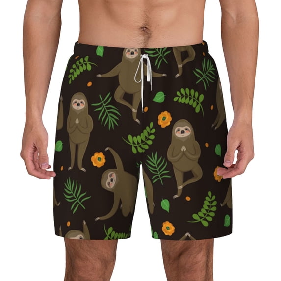Lsque Mens Swim Trunks Sloth Doing Yoga Pattern - Bathing Suit Compression Liner - Beach Swim Shorts Swimwear - (S-3XL) - Stretch Quick Dry -Large