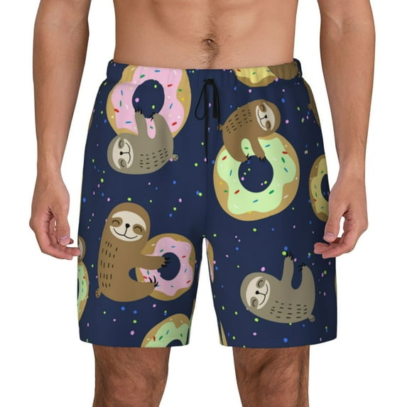 Lsque Mens Swim Trunks Sloth with Donuts Pattern - Bathing Suit Compression Liner - Beach Swim Shorts Swimwear - (S-3XL) - Stretch Quick Dry -XX-Large