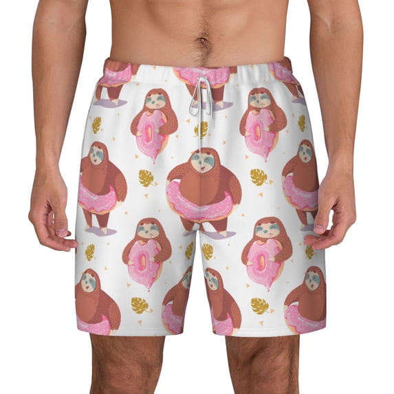 Lsque Mens Swim Trunks Sloth with Donuts1 Pattern - Bathing Suit Compression Liner - Beach Swim Shorts Swimwear - (S-3XL) - Stretch Quick Dry -X-Large