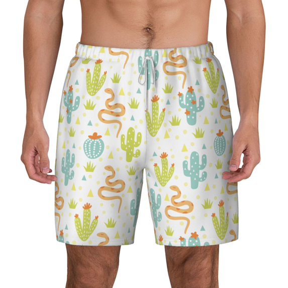 Lsque Mens Swim Trunks Snake And Cactus Pattern - Bathing Suit Compression Liner - Beach Swim Shorts Swimwear - (S-3XL) - Stretch Quick Dry -Medium