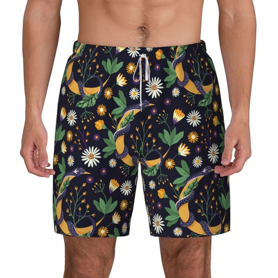 Lsque Mens Swim Trunks Snake And Flower Pattern - Bathing Suit Compression Liner - Beach Swim Shorts Swimwear - (S-3XL) - Stretch Quick Dry -3X-Large
