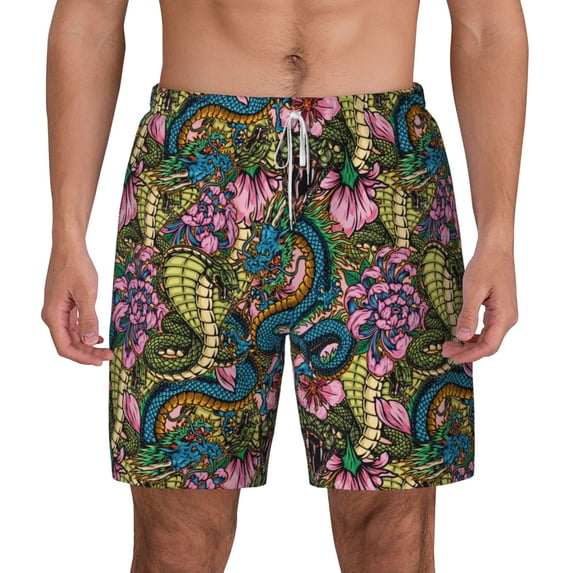 Lsque Mens Swim Trunks Snake And Flower Pattern - Bathing Suit Compression Liner - Beach Swim Shorts Swimwear - (S-3XL) - Stretch Quick Dry -3X-Large