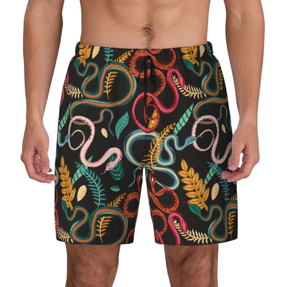Lsque Mens Swim Trunks Snake And Flower Pattern - Bathing Suit Compression Liner - Beach Swim Shorts Swimwear - (S-3XL) - Stretch Quick Dry -Small