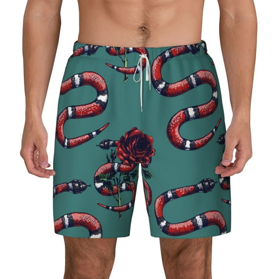 Lsque Mens Swim Trunks Snake And Rose Pattern - Bathing Suit Compression Liner - Beach Swim Shorts Swimwear - (S-3XL) - Stretch Quick Dry -Small