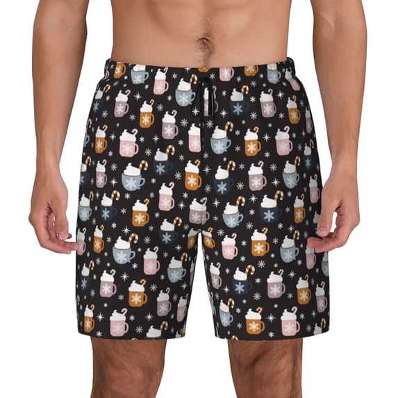Lsque Mens Swim Trunks Snowflake Cream Hot Cocoa Pattern - Bathing Suit Compression Liner - Beach Swim Shorts Swimwear - (S-3XL) - Stretch Quick Dry -3X-Large
