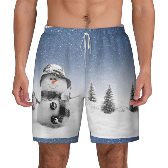 Lsque Mens Swim Trunks Snowman And Christmas Tree Pattern - Bathing Suit Compression Liner - Beach Swim Shorts Swimwear - (S-3XL) - Stretch Quick Dry -Large