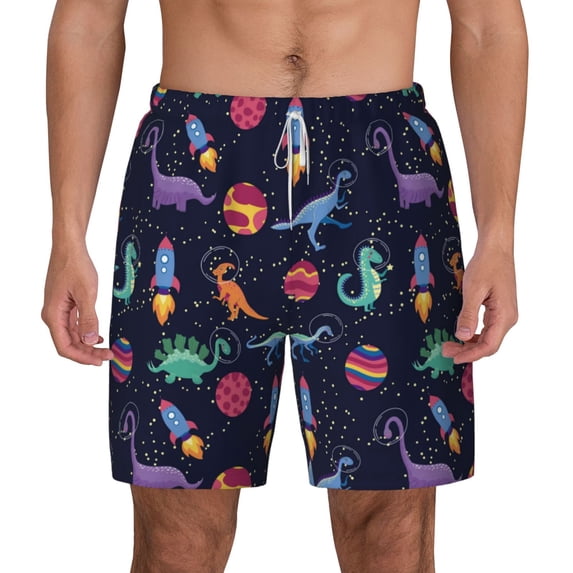 Lsque Mens Swim Trunks Space Dinosaur Pattern - Bathing Suit Compression Liner - Beach Swim Shorts Swimwear - (S-3XL) - Stretch Quick Dry -3X-Large