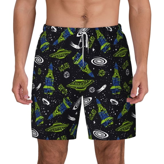 Lsque Mens Swim Trunks Space Rockets Pattern - Bathing Suit Compression Liner - Beach Swim Shorts Swimwear - (S-3XL) - Stretch Quick Dry -3X-Large