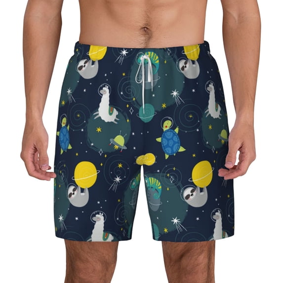 Lsque Mens Swim Trunks Space and Animals Pattern - Bathing Suit Compression Liner - Beach Swim Shorts Swimwear - (S-3XL) - Stretch Quick Dry -Small