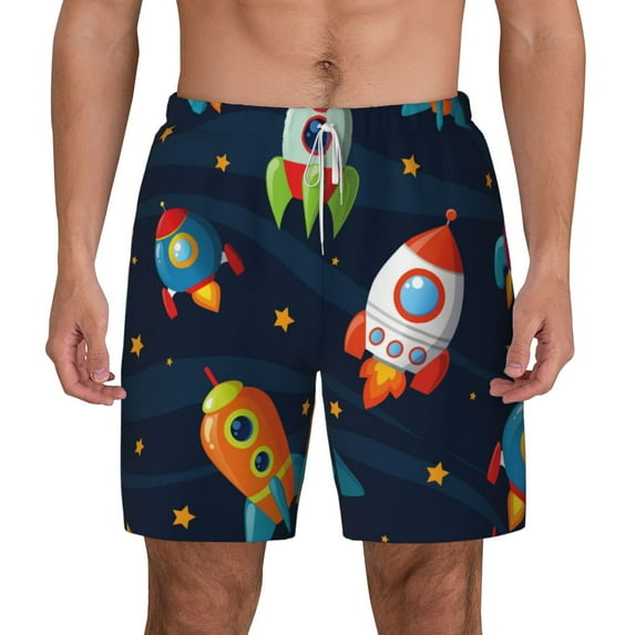 Lsque Mens Swim Trunks Spaceships and Stars Pattern - Bathing Suit Compression Liner - Beach Swim Shorts Swimwear - (S-3XL) - Stretch Quick Dry -XX-Large