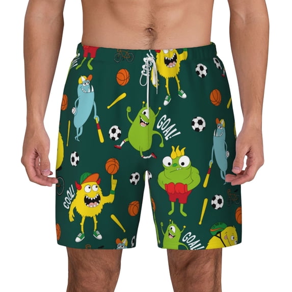 Lsque Mens Swim Trunks Sport Monster Pattern - Bathing Suit Compression Liner - Beach Swim Shorts Swimwear - (S-3XL) - Stretch Quick Dry -3X-Large