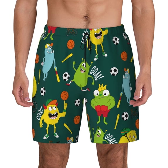 Lsque Mens Swim Trunks Sport Monster Pattern - Bathing Suit Compression Liner - Beach Swim Shorts Swimwear - (S-3XL) - Stretch Quick Dry -Small