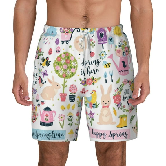 Lsque Mens Swim Trunks Spring Flowers Birds Pattern - Bathing Suit Compression Liner - Beach Swim Shorts Swimwear - (S-3XL) - Stretch Quick Dry -Medium