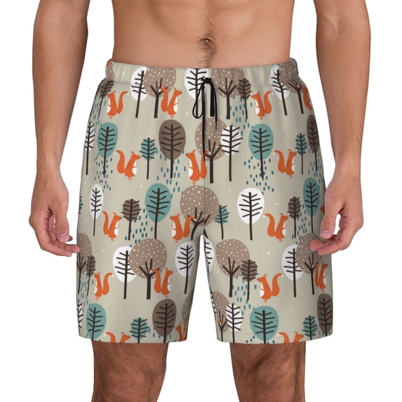 Lsque Mens Swim Trunks Squirrels and Trees Pattern - Bathing Suit Compression Liner - Beach Swim Shorts Swimwear - (S-3XL) - Stretch Quick Dry -Small