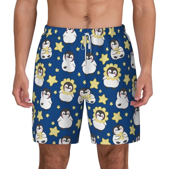 Lsque Mens Swim Trunks Star Penguin Pattern - Bathing Suit Compression Liner - Beach Swim Shorts Swimwear - (S-3XL) - Stretch Quick Dry -Large