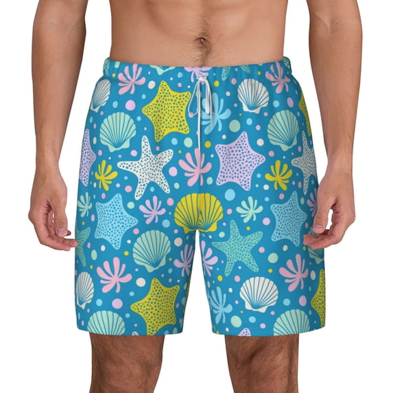 Lsque Mens Swim Trunks Starfish Pattern - Bathing Suit Compression Liner - Beach Swim Shorts Swimwear - (S-3XL) - Stretch Quick Dry -Large