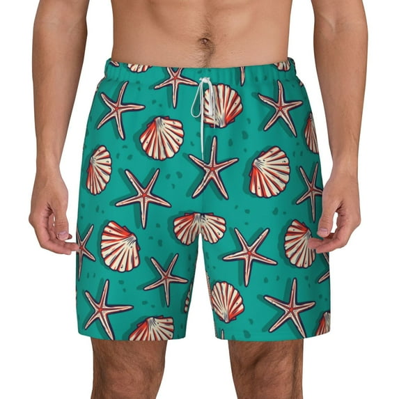 Lsque Mens Swim Trunks Starfish and Shell Pattern - Bathing Suit Compression Liner - Beach Swim Shorts Swimwear - (S-3XL) - Stretch Quick Dry -XX-Large