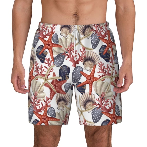 Lsque Mens Swim Trunks Starfish Shell Pattern - Bathing Suit Compression Liner - Beach Swim Shorts Swimwear - (S-3XL) - Stretch Quick Dry -Large