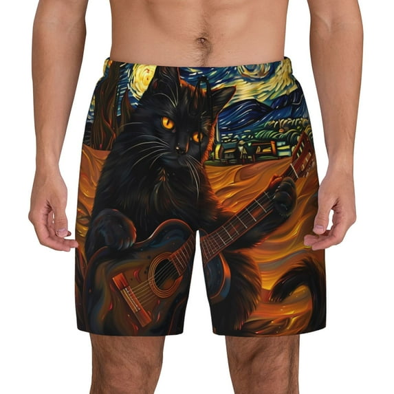 Lsque Mens Swim Trunks Starry Night Cat Guitarist A Pattern - Bathing Suit Compression Liner - Beach Swim Shorts Swimwear - (S-3XL) - Stretch Quick Dry -Small